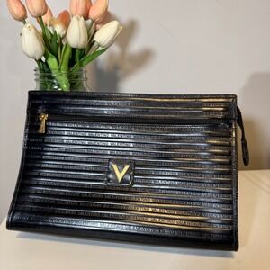 Mario Valentino Vintage Black Leather Clutch Bag Logo Monogram Zipper Pouch